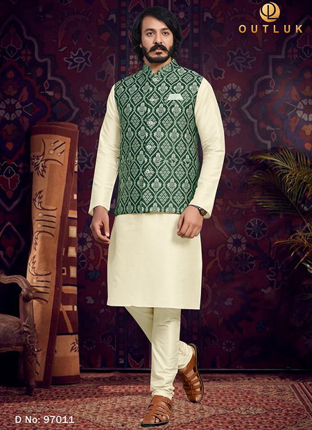 Green Colour Outluk 97 New Latest Designer Ethnic Wear Kurta Pajama With Jacket Collection 97011